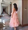 pink Lovely Halter Backless Midi Evening Gowns Dubai Tiered Tulles White Pink Arabic Formal Dresses Ankle Length Prom Party Dress