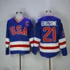 خمر 1980 USA Hockey Ice 21 Mike Eruzione Jerseys رجل كلية 17 جاك Ocallahan 30 جيم كريج مخيط فريق اللون أزرق بعيدا أبيض جيرسي