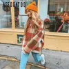 Affogatoo Casual O neck plaid lambswool hoodies sweatshirt women Vintage loose pullover sweatshirt Autumn winter ladies coats T200727