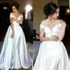 2020 Desinger Off The Shoulder Dresses A Line Overskirt Lace Applique Chapel Train Satin Beaded Wedding Gown Vestido De Novia 403 403