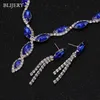 BLIJERY Silver Plated Royal Blue Crystal Wedding Jewelry Sets for Women Leaf Tassel Long Necklace Earrings Bridal Jewelry Sets13007500547