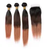 Three Tone Hair Extensions #1B 4 30 Medium Auburn Ombre Peruvian Human Hair Weave Bundles Straight with Ombre Lace Closure Piece 4x4