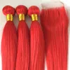 Trama di capelli umani vergini brasiliani di colore rosso intreccia doppi disegnati 3 pacchi con chiusura per testa completa