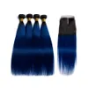 Ombre Color T 1B Dark Blue Straight Remy Trama de cabello humano 3 paquetes de tejidos con cierre de encaje 4X4 9723652