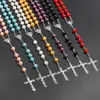 7 Colors Religious Catholic Rosary Necklaces Jesus Cross Pendant Long 8MM Bead Chains for Women Men Christian Jewelry Gift