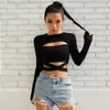 Rapwriter Sexy Hollow Out Waist Cross Cotton Long Sleeve Crop Tees Women 2018 Streetwear O-Neck Skinny Skinny T-Shirt feminina