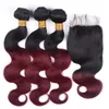 Brazilian Virgin Hair 3 Bundles With 4X4 Lace Closure 1B/99J Body Wave Bundles With Baby Hair Closure 4 Pieces/lot 1B 99J Hair Extensions