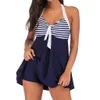 Plus Size Swimwear Swim Skirt Women Strip patchwork backless Sexy Swimsuit Bra Bathing Suit S-5xl Big size Beachwear tankini