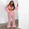 Pink Feather Chiffon See Though Mesh Long Sleeve +wide Pant Womens 2 piece Set Tracksuit Outfits