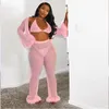 Chiffon di piume rosa Vedi sebbene manica lunga metallica + ampio pantaloni da donna 2 pezzi set di abiti da tracksuit