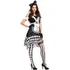 Abito da donna di lusso per Halloween, Natale, cosplay, griglia in bianco e nero, orologio, spettacolo teatrale, abbigliamento da clown del circo