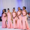 Pink Plus Size Mermaid African Bridesmaids Dresses 2020 One Shoulder High Split Cheap Long Satin robes de demoiselle d'honneur Party Gowns