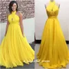 Yellow Plus Size Chiffon Long Evening Dresses Halter Pleated Flowy Floor Length Backless Evening Dresses Formal Gowns ED1112