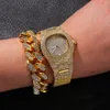 Hip Hop Gold Color Cuban Chain Gold Silver Necklace and Bracelet Set Free Luxury Combination of Watch and Necklace Set T200113