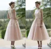 2019 Blush Pink Tulle Druhna Dress A Linia Herbata Długość Maid of Honor Dress Wedding Party Gown Plus Size Vestidos Damas De Honor