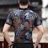 Bordados Homens Transparente shirt homens tamanho Puls Sexy Lace shirt por Homem Ver Através malha Club Party Prom Chemise Homme