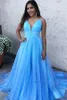 Light Sky Blue Prom Dresses Ruffles V Neck 2019 Fashion Simple Women Party Gowns Sweep Train Custom Made Formal Evening Dresses