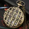 Vintage Bronze Hollow Bamboo Leaf Case Pocket Watch Classic Antique Men Women Quartz Analog Watches Necklace Chain Cool Clock