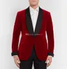 Yakışıklı Tek Düğme Kırmızı Kadife Düğün Damat Smokin Şal Yaka Groomsmen Erkekler Suits Balo Blazer (Ceket + Pantolon + Kravat) No: 1879