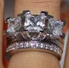 Rulalei Couple Rings Luxury Jewelry 925 Sterling Silver Three Stone Princess Cut White Topaz CZ Diamond Gemstones Women Bridal Rin6655268