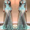 2019 Wysoka szyja Wspaniałe Długie Rękawy Syrenki Suknie Wieczorowe Illusion Koronki Formalne Prom Dresses Cutaway Side Celebrity Suknie BC0003