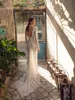 Vintage sjöjungfrun klänningar kristallhög hals spets brudklänningar rygglös trumpet plus storlek långärmade trädgård bröllopsklänning 0505