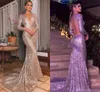 Modest Arabic Long Sleeve Mermaid Evening Dresses Sparkle Sequined Plunging Open Back Long Pageant Party Gowns Prom Dress Evening Wears