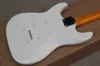 Branco Guitarra fábrica Personalizado elétrico com Chrome Hardware, amarelo bordo Fretboard, Ouro Pickguard, pode ser personalizado