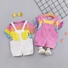 2PCS Kleinkind Kinder Baby Mädchen Sommer Kleidung Regenbogen streifen T-shirt Tops + Trägerhose Schmetterling flügel Mädchen Outfits Set