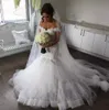 Mermaid Dresses Lace Appliques Beads Off Shoulder Tiered Ruffles Sweep Train Plus Size Wedding Dress Formal Bridal Gowns