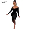 Liooil Black White Sexy Tassel Bodycon MIDI Платье Женщины 2019 Осень Асимметричный Длинный Рукав Ночной Клуб Партия Платья Платья