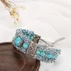 Vintage Tibétain Argent Plume Turquoise Perles Bracelet Bracelet Cristal Diamant Turquoise Bracelet Femmes Bijoux