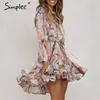 Simplee Élégant Imprimé Floral Femmes Chemise Courte Robe Col En V À Manches Longues À Volants Satin Vestidos Printemps Casual Plus La Taille Robe D'été Y19050805