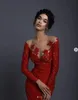 Red Lace Applique Flower Evening Pageant Dresses with Long Sleeve 2020 Sheer Oneck Illusion Back Trumpet Occasion Prom Dress9717929