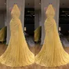 Yellow 2020 Sexy Prom Dresses High Neck Sequined A Line Beaded Evening Dresses Luxury Feather Formal Party Pageant Gowns