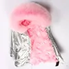 Högkvalitativ Maomaokong Brand Rosa Fox Fur Trim Cold Resistant Kvinnor Rosa Rosa Fox Fur Foder Camouflage Shell Long Parkas Finland