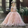 Cute Pink Lace Flower Girls Dresses Jewel Neck Beaded 3D Floral Appliqued Toddler Pageant Dress Corset Back Kids Prom Gowns304U