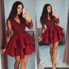 Tiered Ruffles Burgundy Satin Short Cocktail Dresses Modest Sheer Long Sleeves Party Gowns Appliques Lace 8th Grade Homecoming Dress