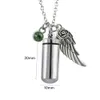 Angel Wing Memorial Urn Ketting Zilveren Cilinder Crematie Keepsake Hanger Birthstone Crystal Roestvrij staal Begrafenis Ash Medaillon