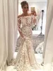 2020 Ny Elegant Vit Lace Mermaid Evening Klänningar Av Skulder Långärmad Sweep Train Gorgeous Prom Party Dress 714