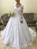 2020 Modest Långärmade Bröllopsklänningar Lace Applique V Neck Band Custom Made Sweep Train Plus Size Ball Wedding Gowns Vestido de Novia