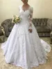 2020 Modest Långärmade Bröllopsklänningar Lace Applique V Neck Band Custom Made Sweep Train Plus Size Ball Wedding Gowns Vestido de Novia