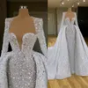 Sıkıştırılabilir tren ile ışıltılı gelinlik uzun kollu boncuklu vestido novia gelin önlükleri payetler robes de marie