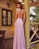 Light Purple Evening Dresses Sheer Jewel Neck Short Sleeve Satin Prom Dress Backless Lace Appliqued Formal Long Party Gowns