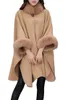 Bescheiden Herfst Winter Faux Bontkraag Cape Sjaal Lange Mouwen Vrouwen Poncho Cape Jas Grijs Beige Warme Wollen Jassen In voorraad243j