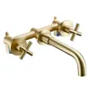 Brass Brushed Gold Basin Faucet Double Handle Brass Surface Bathroom Pool Faucet Hot Water Bathroom Accessories