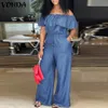 Denim Rompers Kadın Tulum 2019 Vonda Sexy Slash Boyun Kapalı Omuz Çırpı Oyunları Tulumlar Artı Boy Boyunca Bacak Pantolon T200107