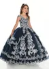 Navy Blue Flower Girl jurken v-hals geappliceerd kralen lovertjes kant meisje Pageant jurk ruche tiers op maat gemaakte balzaal verjaardagstoga's