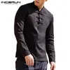 Män långärmad skjorta fast färg v nacke bomullslinne upp 2019 kinesisk stil män kläder vintage eleganta casual shirts 3xl