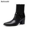 Batzuzhi 7,5 cm High Heels Herren Stiefel Neue Schwarze Leder Stiefeletten Männer Spitz Stiefeletten für Männer Hochzeit Party, Größe 38-46